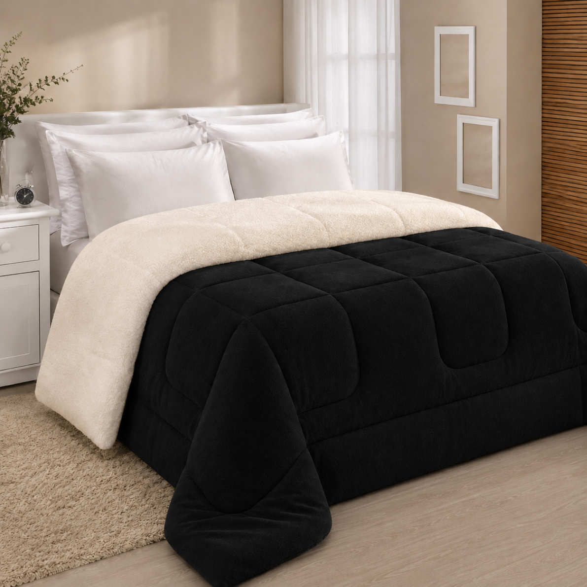 Cobertor Plumê preto com lado sherpa creme sobre a cama