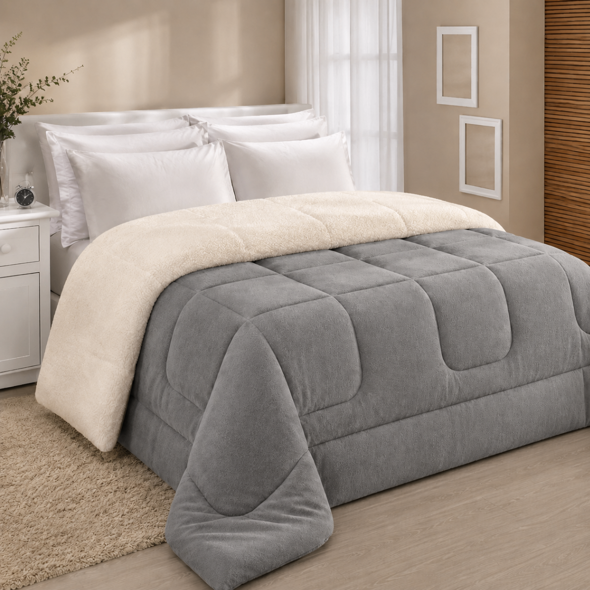 Cobertor Plumê cinza com lado sherpa creme sobre a cama