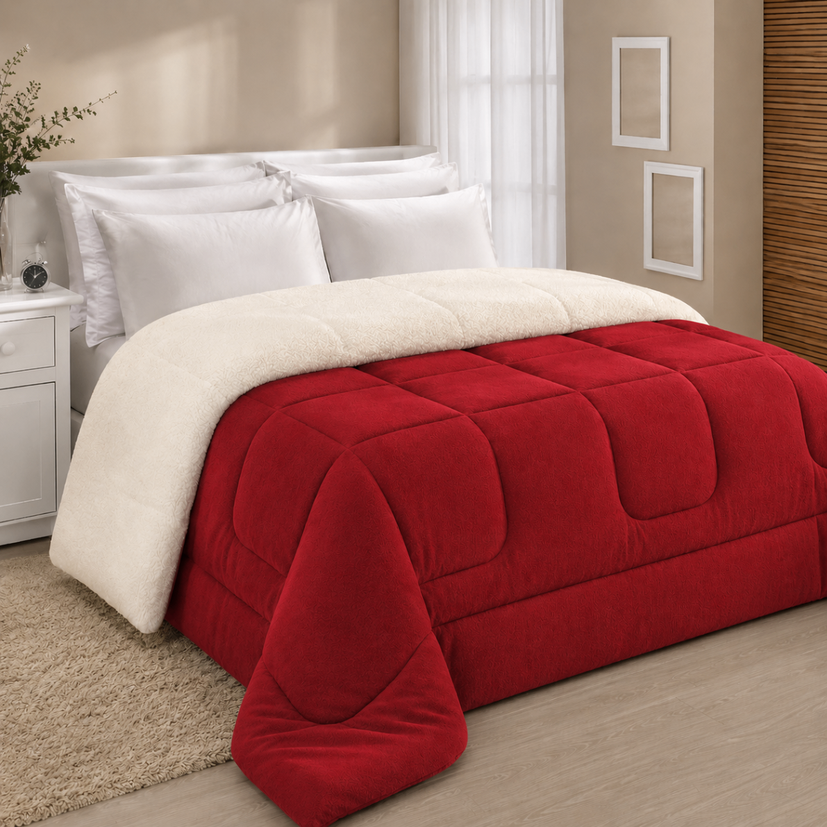 Cobertor Plumê vermelho com lado sherpa creme sobre a cama