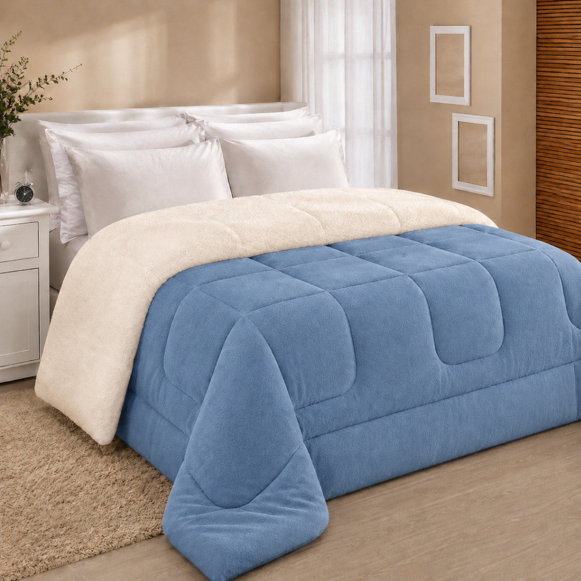 Cobertor Plumê azul claro com lado sherpa creme sobre a cama